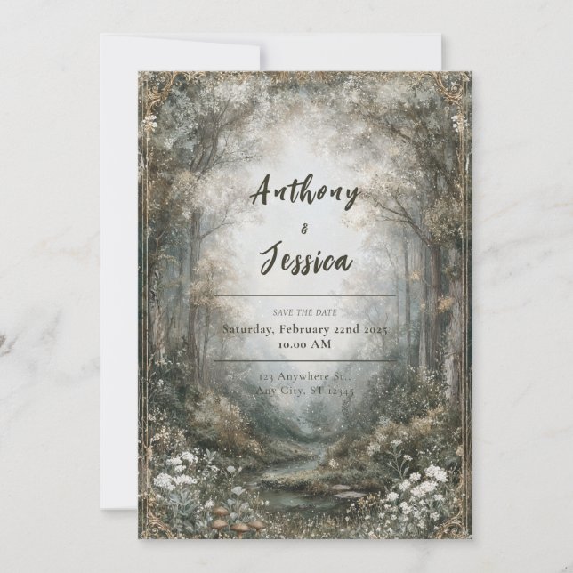 Gold Ornate Enchanted Forest White Winter Wedding Invitation (Front)