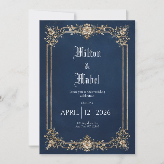 Gold Ornate Filigree Navy Blue Classic Wedding Invitation (Front)