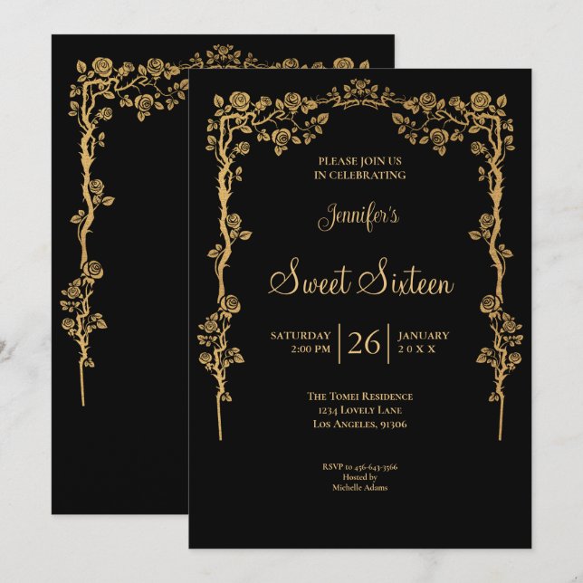 Gold Ornate Floral Frame Sweet 16 Invitation (Front/Back)