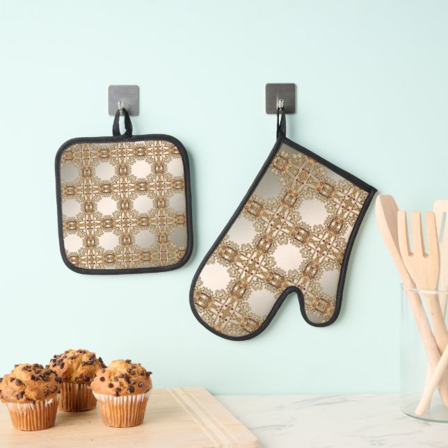 Gold Ornate Floral Oven Mitt & Pot Holder Set (Insitu(Hanging))