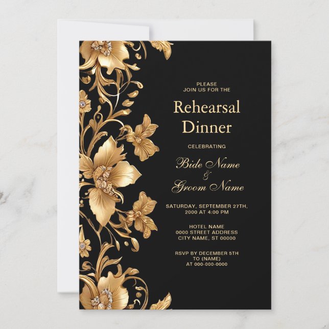 Gold Ornate Floral Rehearsal Dinner Invitation (Front)