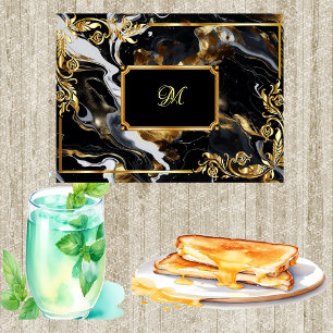 Gold Ornate Frame Marble Dark Blue Ink Monogram  Cutting Board