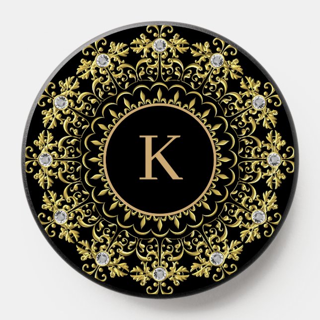 Gold ornate mandal  fake diamond accent on black PopSocket (Popsocket)
