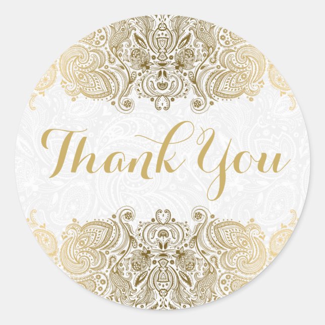 Gold Ornate Paisley White Background Classic Round Sticker (Front)