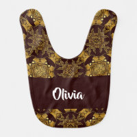 Gold ornate pattern on brown baby bib