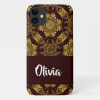 Gold ornate pattern on brown iPhone 11 case