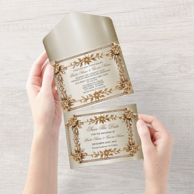 Gold Ornate Rectangle Dimond Flowers Shiny Wedding All In One Invitation (Tearaway)