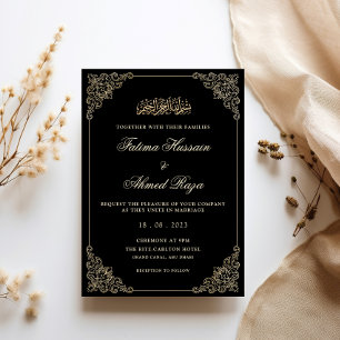 Gold Ornate Rococo Frame Black Muslim Wedding Invitation