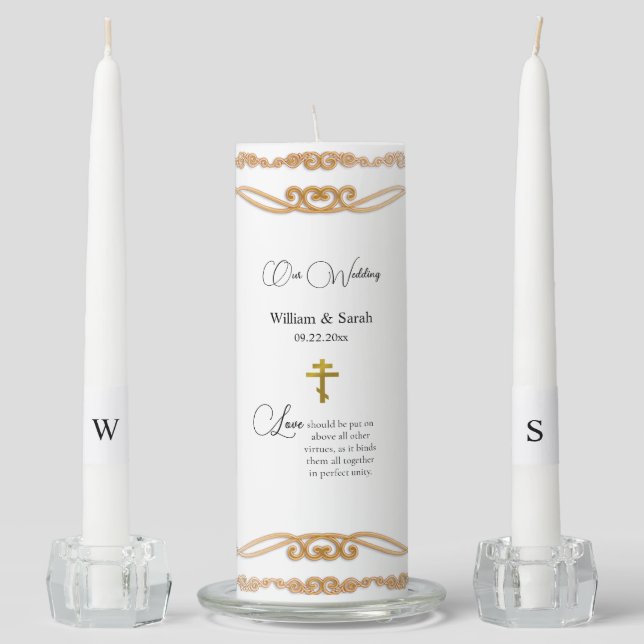 Gold Ornate Scrolls Orthodox Wedding  Unity Candle Set (Front)