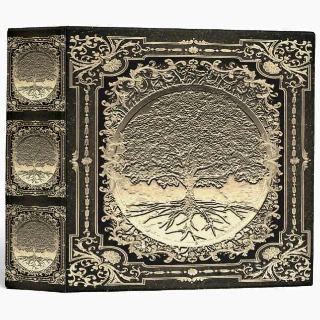 Gold  Ornate Tree of Life Ancient Rustic 3 Ring Binder (Front/Spine)