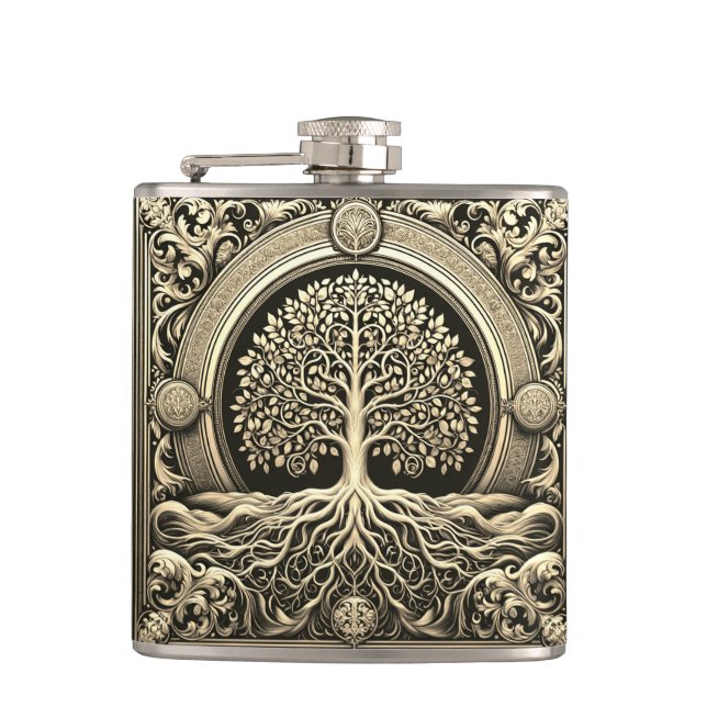Gold  Ornate Tree of Life Ancient Rustic Flask (Front)