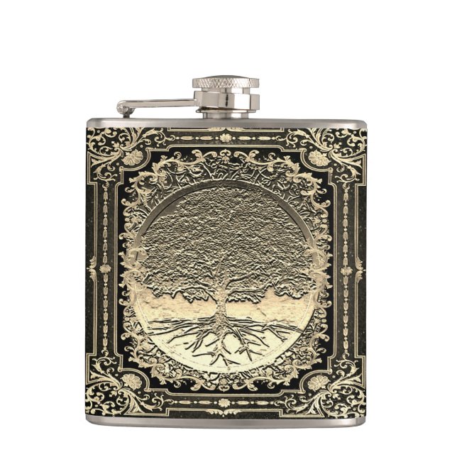 Gold  Ornate Tree of Life Ancient Rustic Flask (Front)