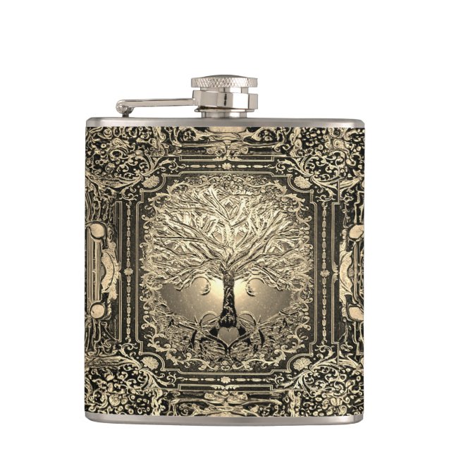Gold  Ornate Tree of Life Ancient Rustic Flask (Front)