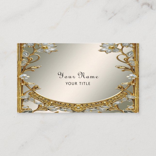 Gold Ornate White Floral Business Card (Front)