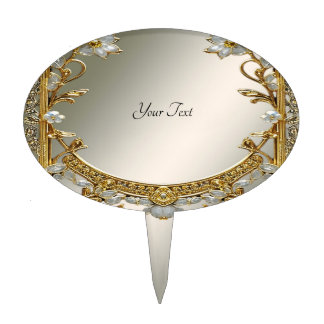 Gold Ornate White Floral Cake Topper