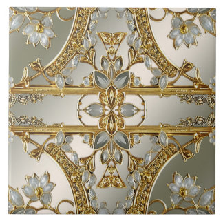 Gold Ornate White Floral Ceramic Tile