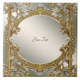 Gold Ornate White Floral Ceramic Tile