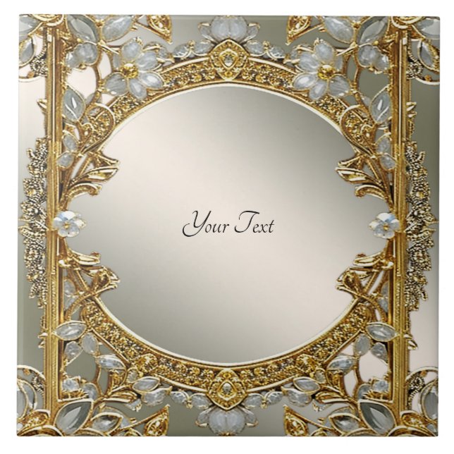 Gold Ornate White Floral Ceramic Tile (Front)