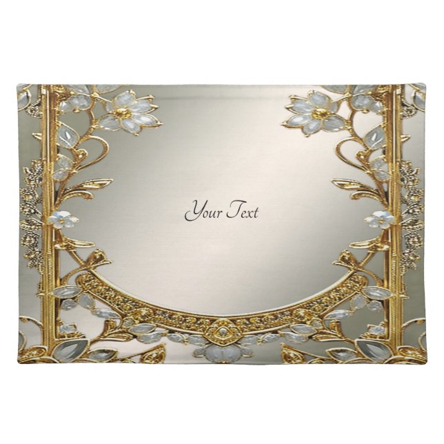 Gold Ornate White Floral Cloth Placemat (Front)