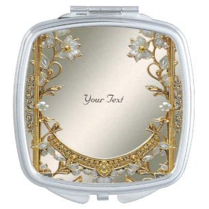 Gold Ornate White Floral Compact Mirror