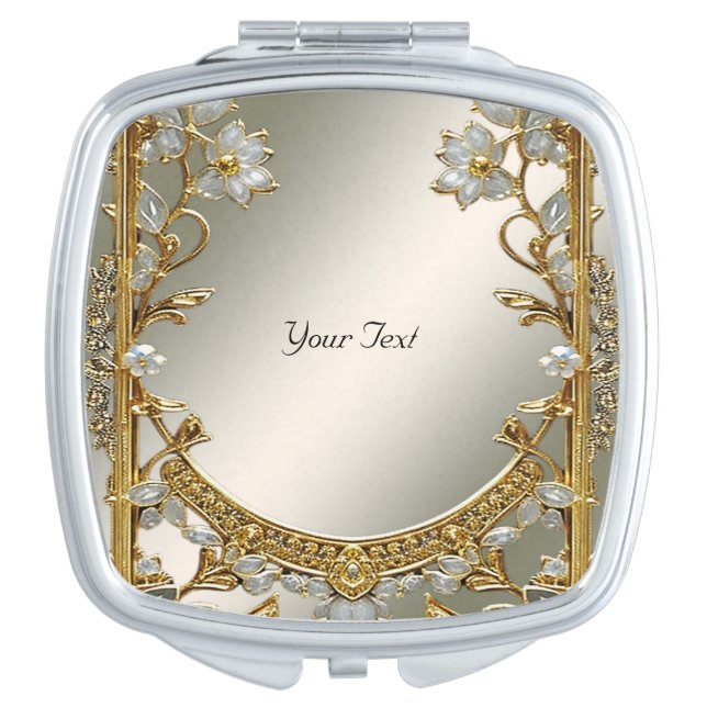Gold Ornate White Floral Compact Mirror (Front)