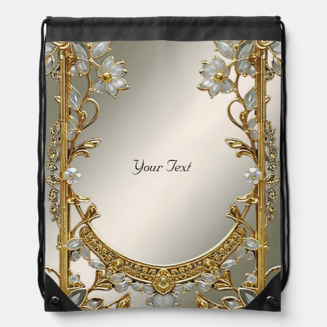 Gold Ornate White Floral Drawstring Backpack (Front)