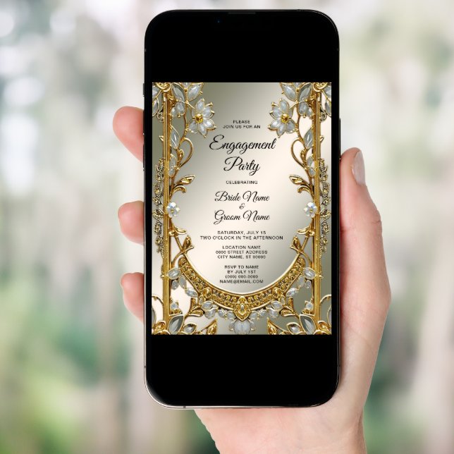Gold Ornate White Floral Engagement Invitation (Front Digital)