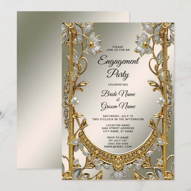Gold Ornate White Floral Engagement Invitation (Front/Back)
