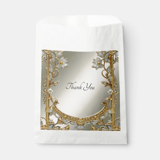 Gold Ornate White Floral Favor Bag (Front)
