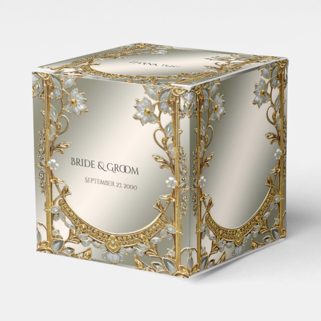 Gold Ornate White Floral Favor Box (Front Side)