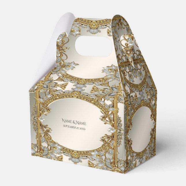 Gold Ornate White Floral Favor Box (Front Side)