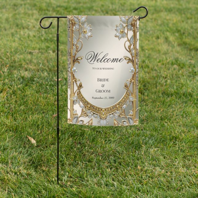 Gold Ornate White Floral Garden Flag (In SItu)