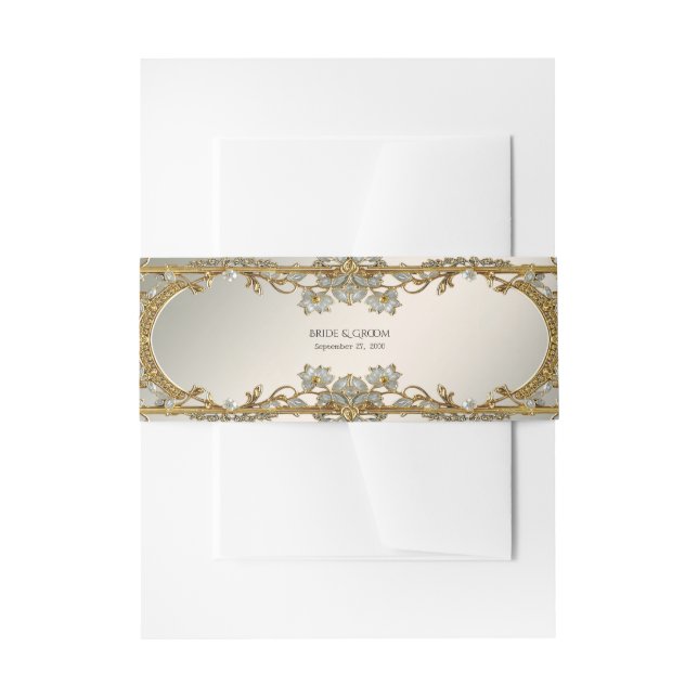 Gold Ornate White Floral Invitation Belly Band (Front Example)