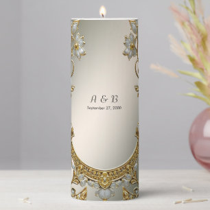 Gold Ornate White Floral Pillar Candle