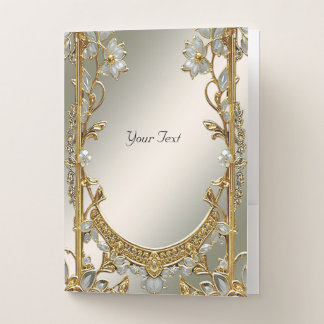 Gold Ornate White Floral Pocket Folder