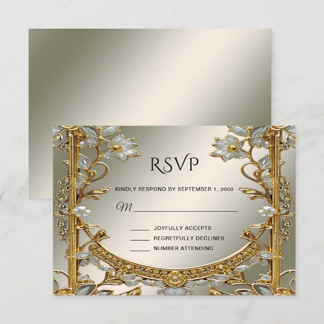 Gold Ornate White Floral RSVP Card (Front/Back)