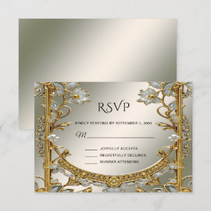 Gold Ornate White Floral RSVP Card
