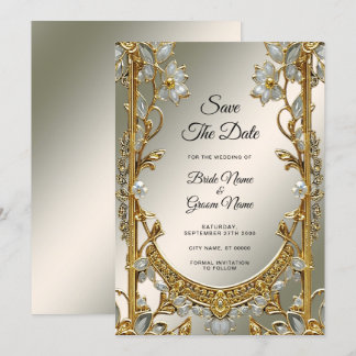 Gold Ornate White Floral Save The Date