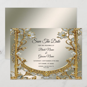 Gold Ornate White Floral Save The Date