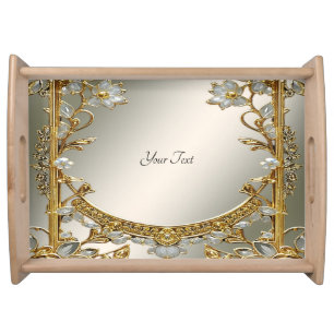 Gold Ornate White Floral Serving Tray
