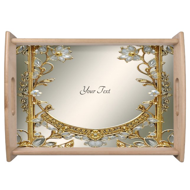 Gold Ornate White Floral Serving Tray (Front)