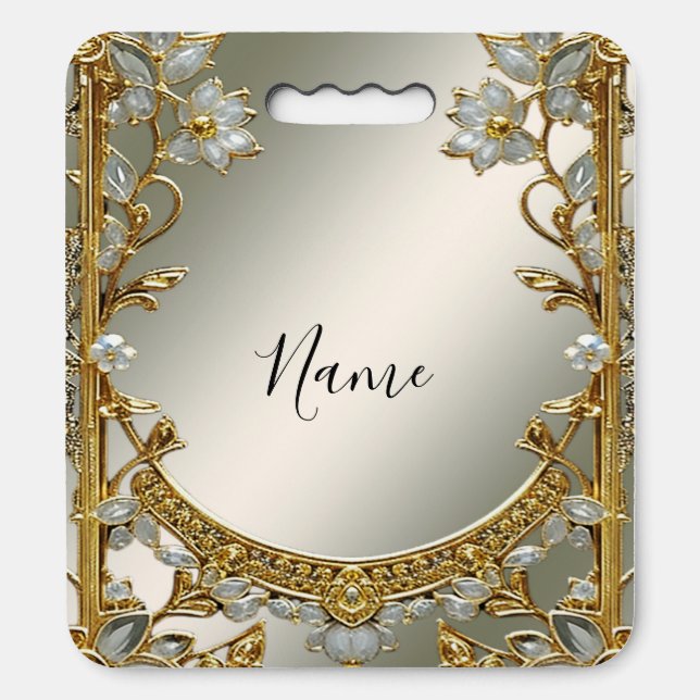 Gold Ornate White Floral Stadium Seat Cushion (Front Vertical)