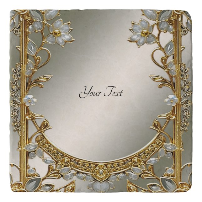 Gold Ornate White Floral Trivet (Front)