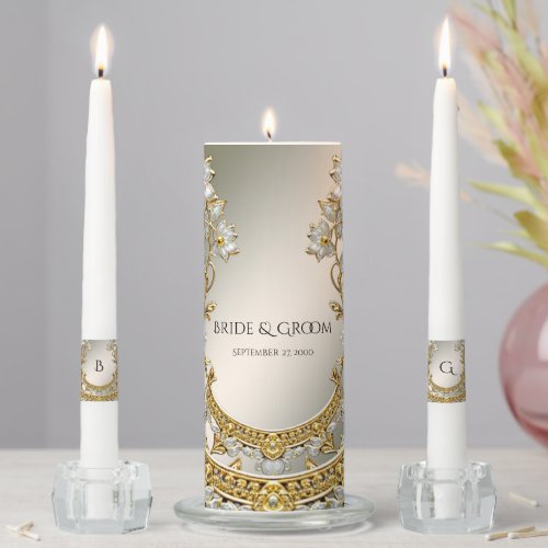 Gold Ornate White Floral Unity Candle Set