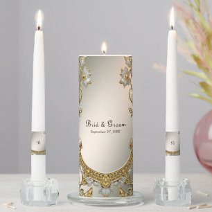 Gold Ornate White Floral Unity Candle Set