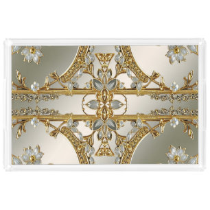 Gold Ornate White Floral Vanity Tray