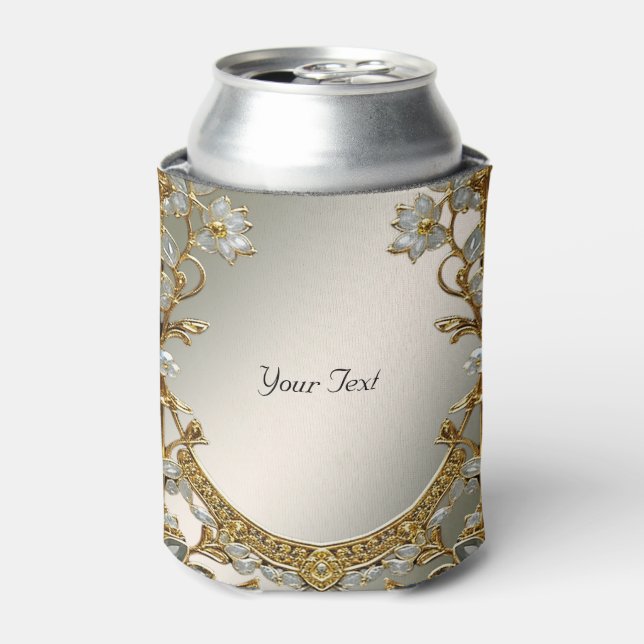 Gold Ornate White Floral Wedding Favor Can Cooler (Can Front)