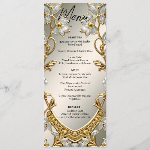 Gold Ornate White Floral Wedding Menu