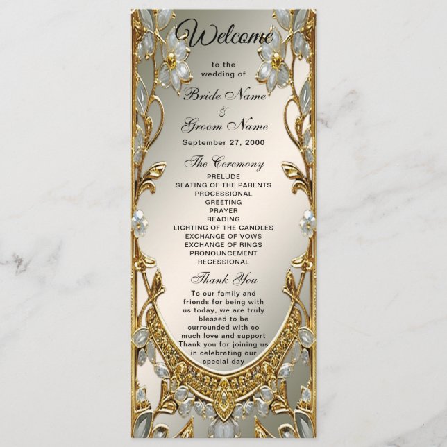 Gold Ornate White Floral Wedding Program (Front)
