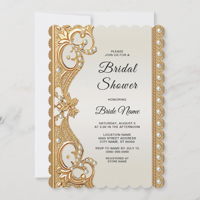 Gold Ornate White Pearls Bridal Shower Invitation (Front)